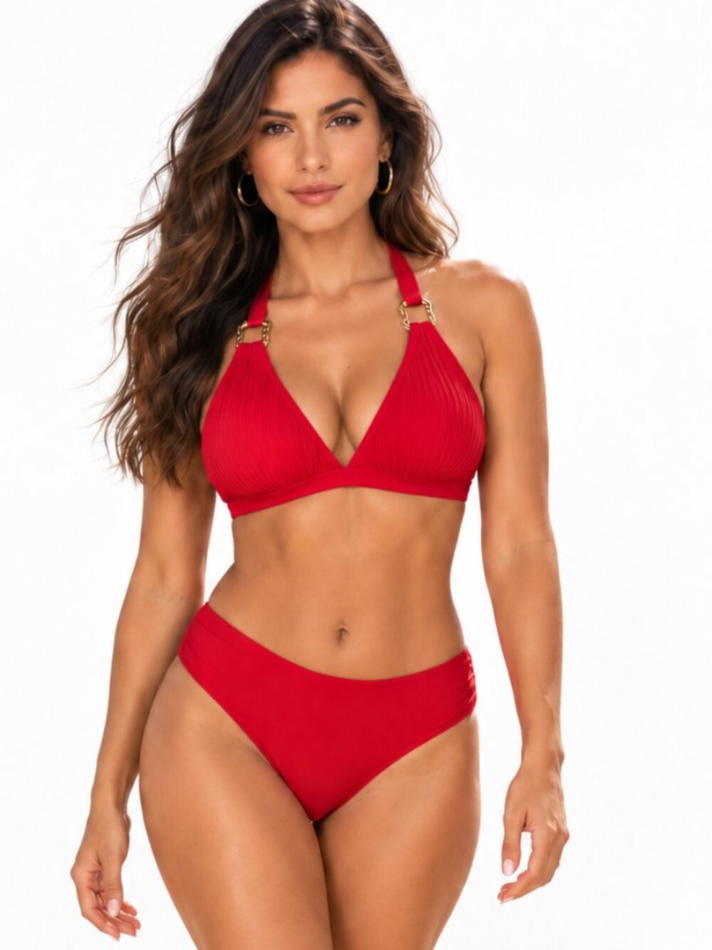 CUPSHE Clock It Red Halter Bikini Set Red Mid Rise Swim XL NWT